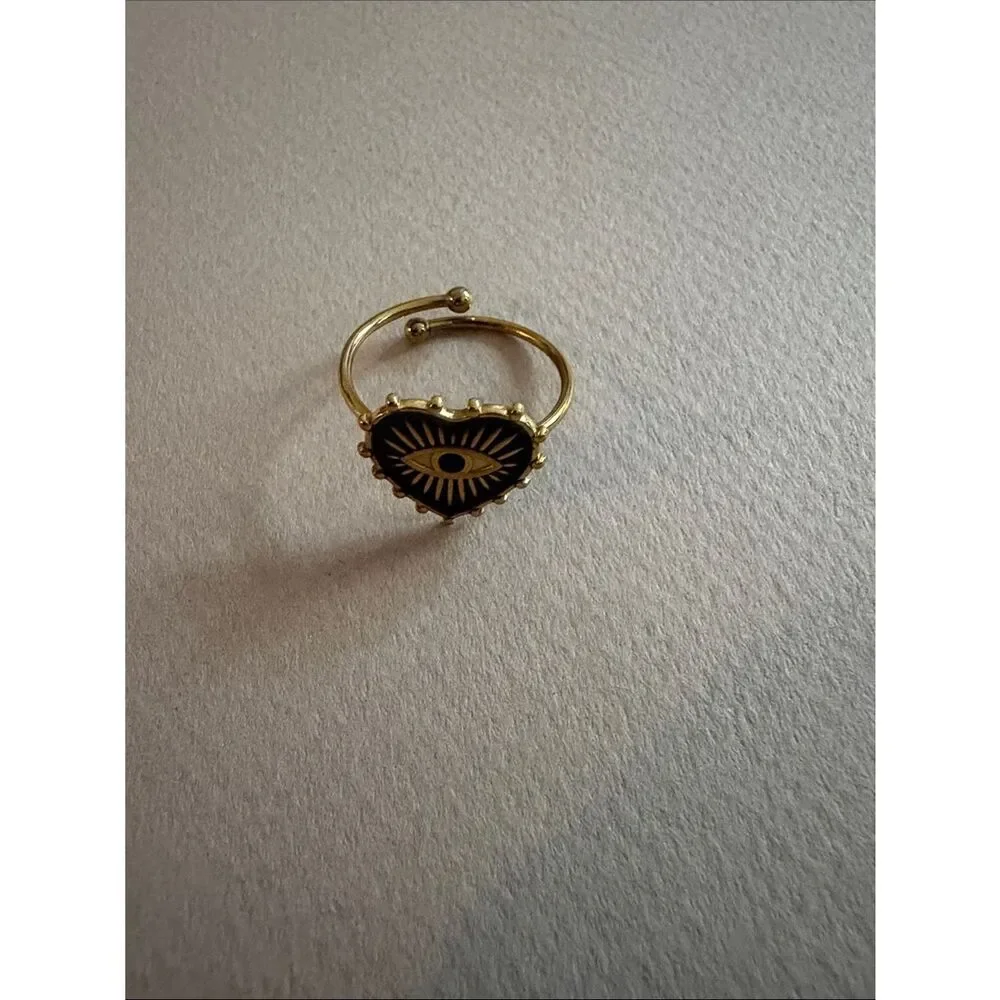 Gold Eye Heart Ring with Black Enamel A2012